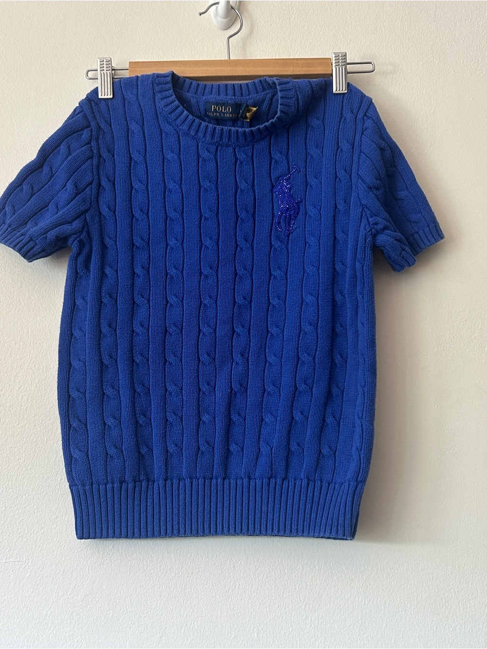 Polo Ralph Lauren Beaded Big Pony Cable Sweater cotton short sleeve RARE blue - Picture 1 of 5